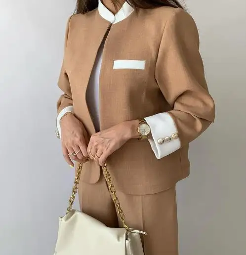 

2025 Color Blocking Splicing Slim Fit Long Sleeved Short Jacket High Waisted Straight Leg Pants Set for Autumn Women's Outfit