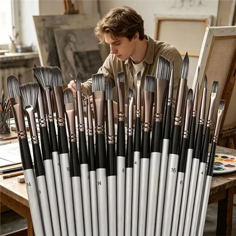 A53M-24Pcs Artist Paint Brush Set With Mixing Tools Wooden Handle Nylon Brushes For DIY Oil, Acrylic Painting Art Craft