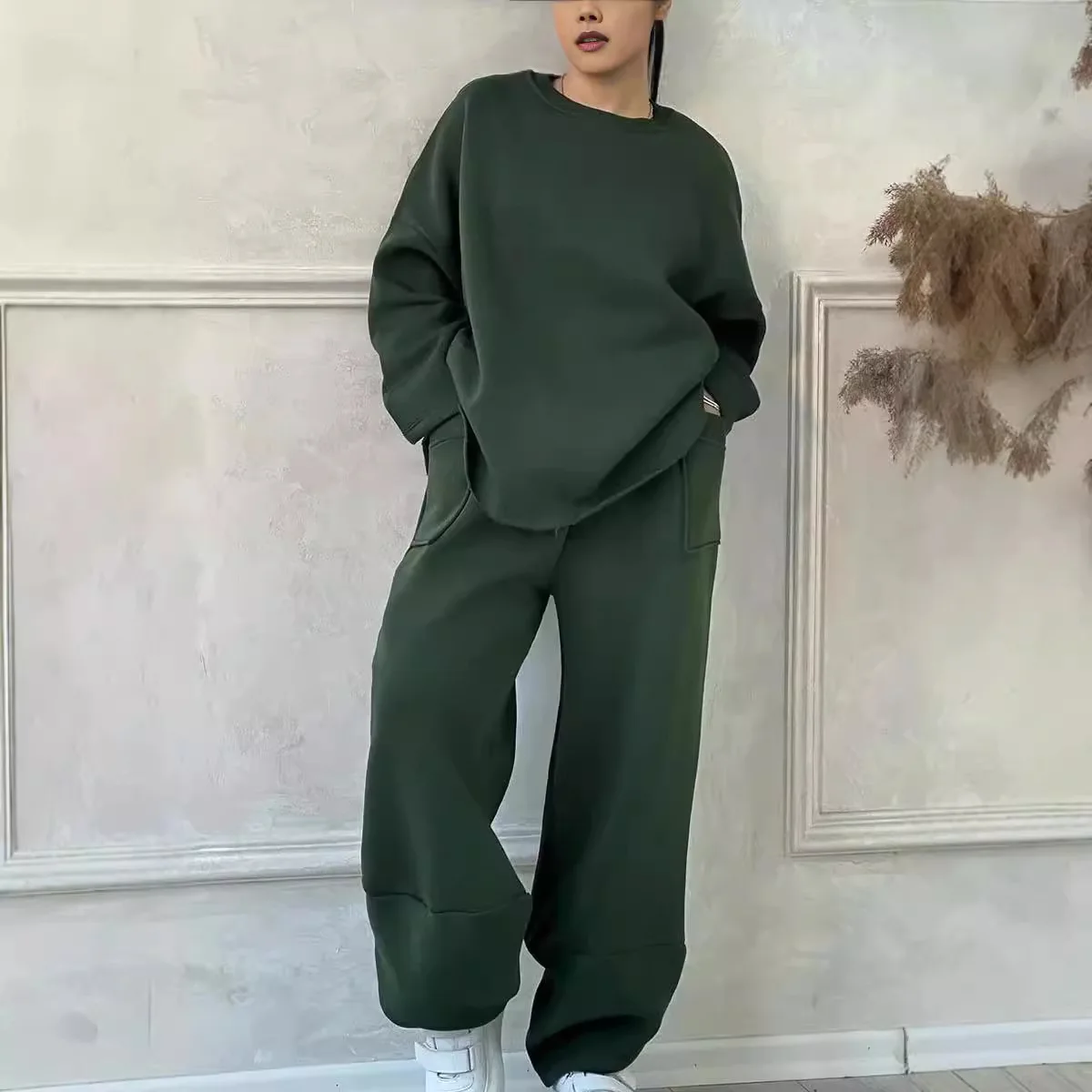 Trendy Neue frauen Sweatshirt 2-teiliges Set Herbst Winter Casual Lose Oansatz Langarm Gespleißt ​ ​ Hose Sport Zweiteiliger Anzug