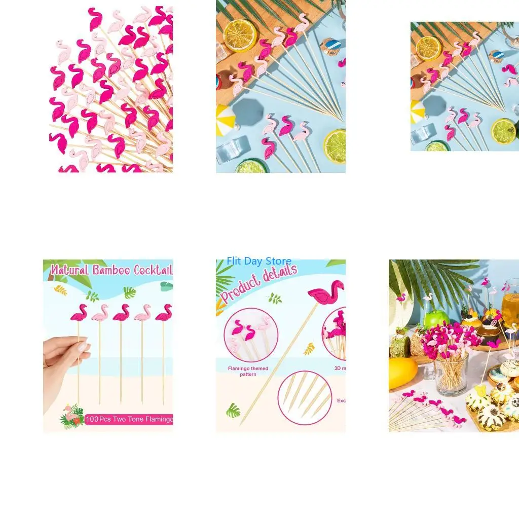 F92C Flamingo Picks, Wooden 100 Pack Toothpicks for Drink and Appetizers