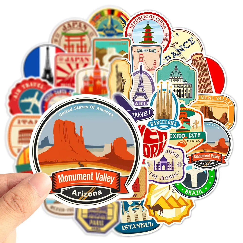 10/30/50PCS World Landmark Travel Cartoon Graffiti Stickers Laptop Phone Snowboard bagagli frigorifero decalcomania fai da te Kid Toy Cool Sticker