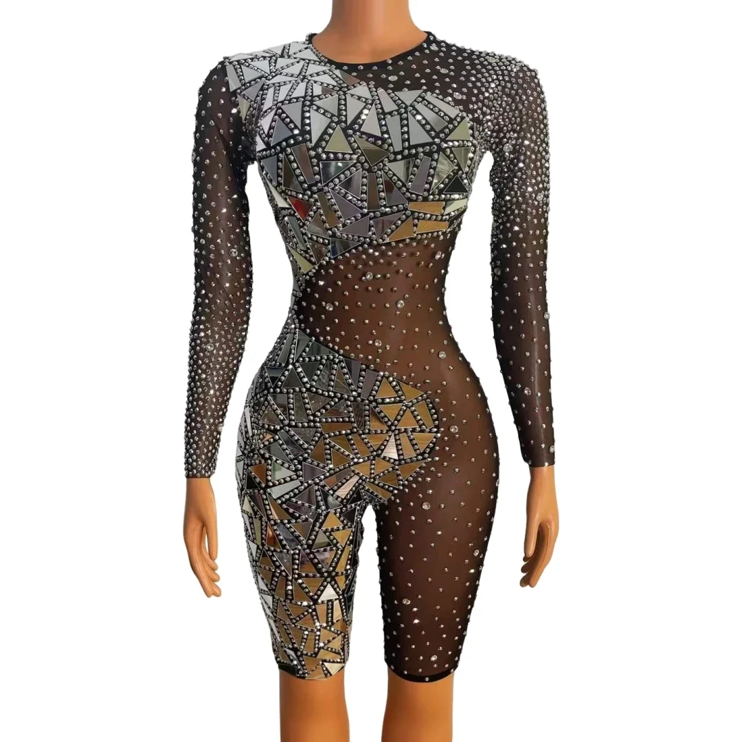 Long Sleeve Sequins Rhinestone Stunning Romper For Women One Piece Jumpsuits Pageant Bling Bling Photography Singer Stage Wear