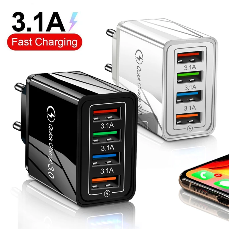 EU/US Plug Fast 4 USB Charger Quick Charge 3.0 For Phone Adapter for iPhone 15 Samsung Tablet Portable Wall Mobile Phone Charger