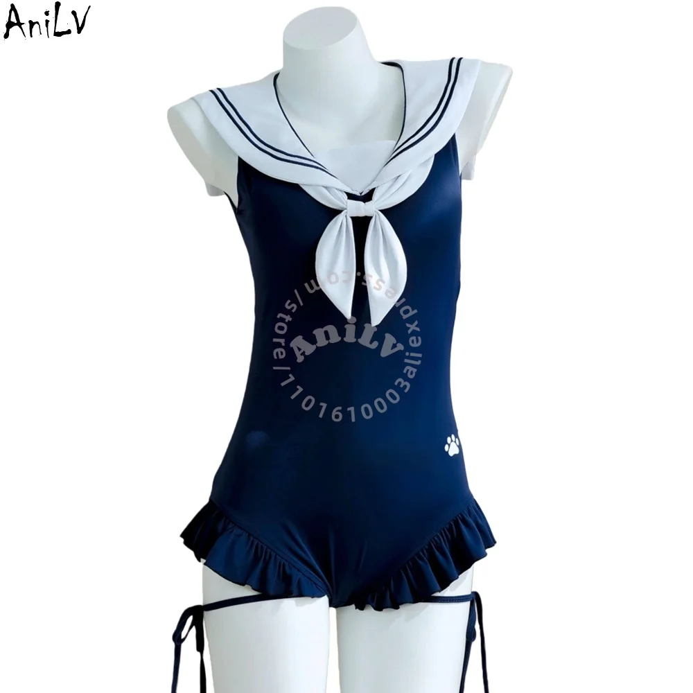 AniLV Japanese Anime Student Swimsuit Sailor Bodysuit Cat Paw Swimwear Cosplay Costumes