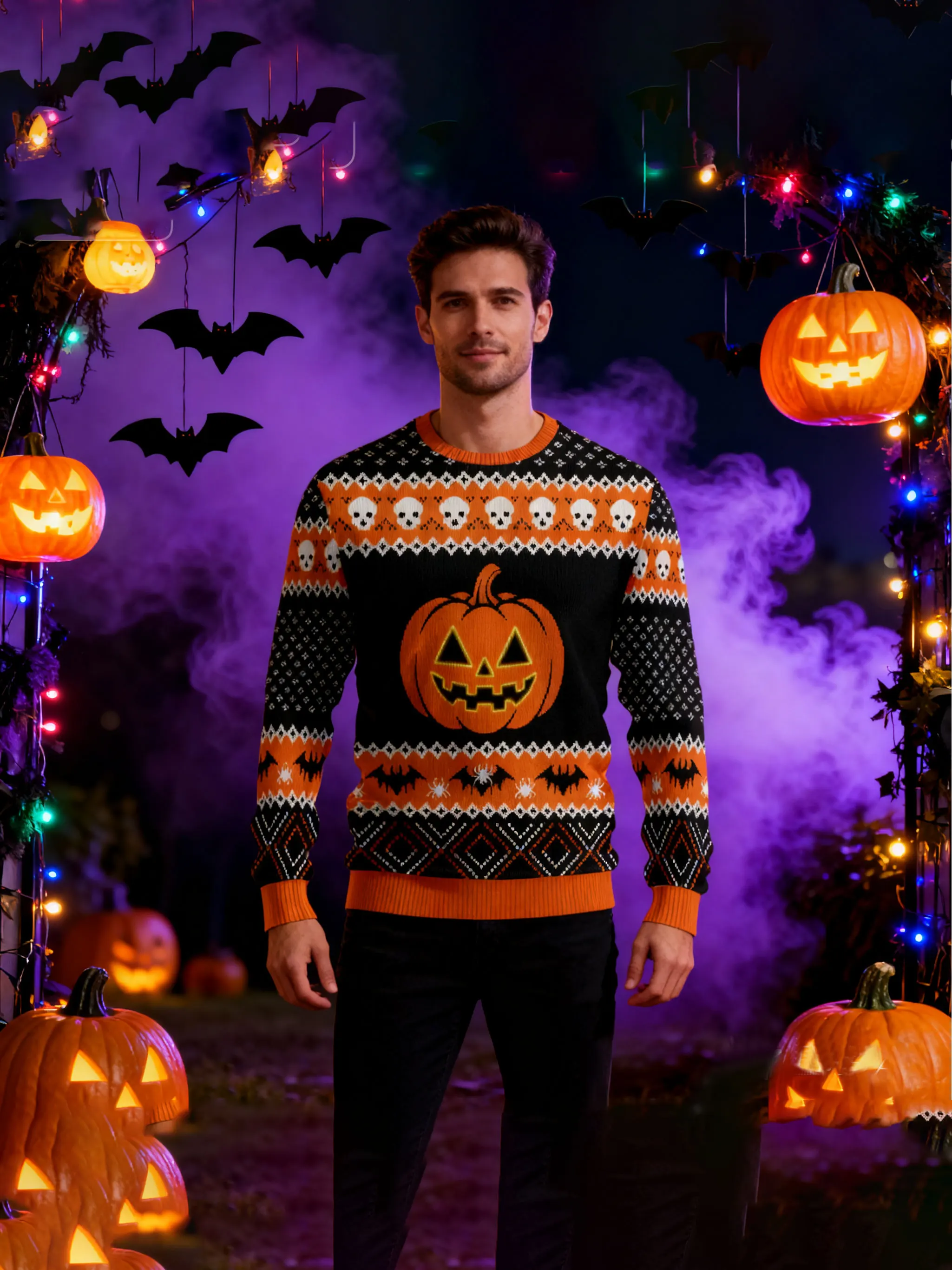 

2026 New Halloween Sweater Black Orange Festival Atmosphere Pumpkin Lantern Skull Bat Spider Print Round Neck Personality Funny
