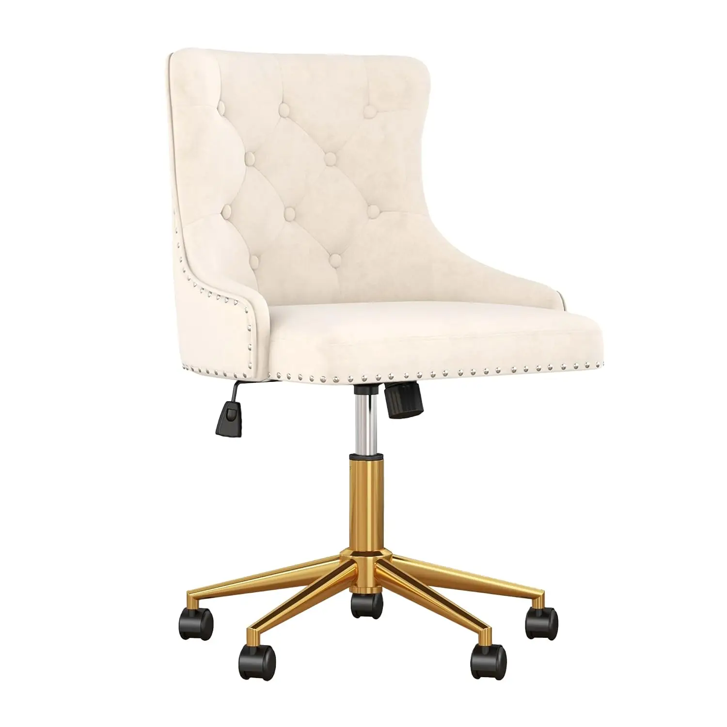 Beige Velvet Armless Office Chair, Comfy High-Back Vanity Chair with Rivet