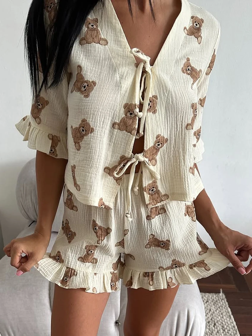 Martahqiqi Casual Women Nightgowns 2 Piece Set V-Neck Pajamas Long Sleeve Nightie Lace Up Sleepwear Shorts Printing Home Clothes