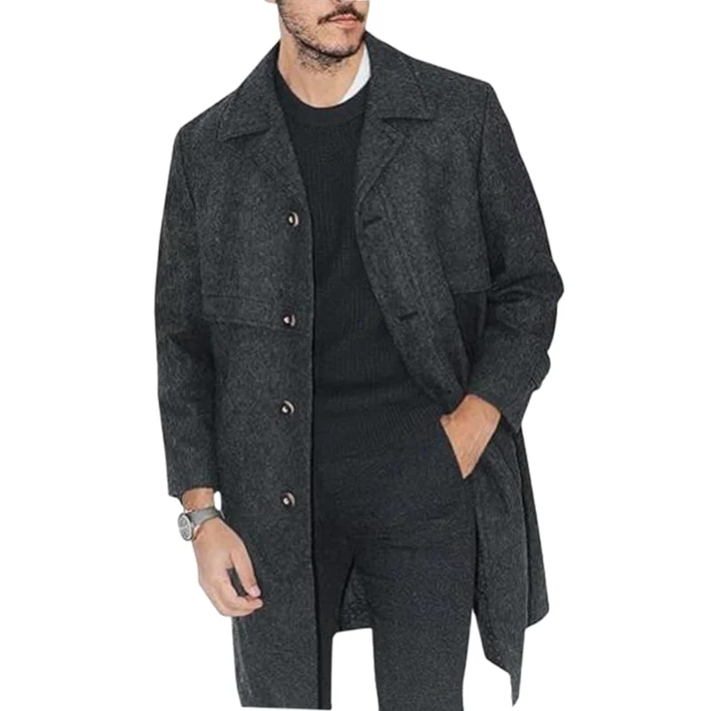 Manteau à revers en laine trempée pour hommes avec doublure, vestes longues, vêtements à boutonnage simple, décontracté, bureau, rue, extérieur, taille EU US