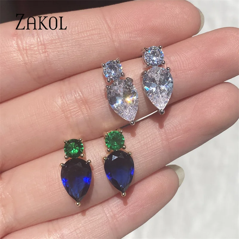 ZAKOL Fashion Mutilcolor Water Drop Zircon Stud Earrings for Women Blue Green Cubic Zirconia Earring Wedding Party Jewelry