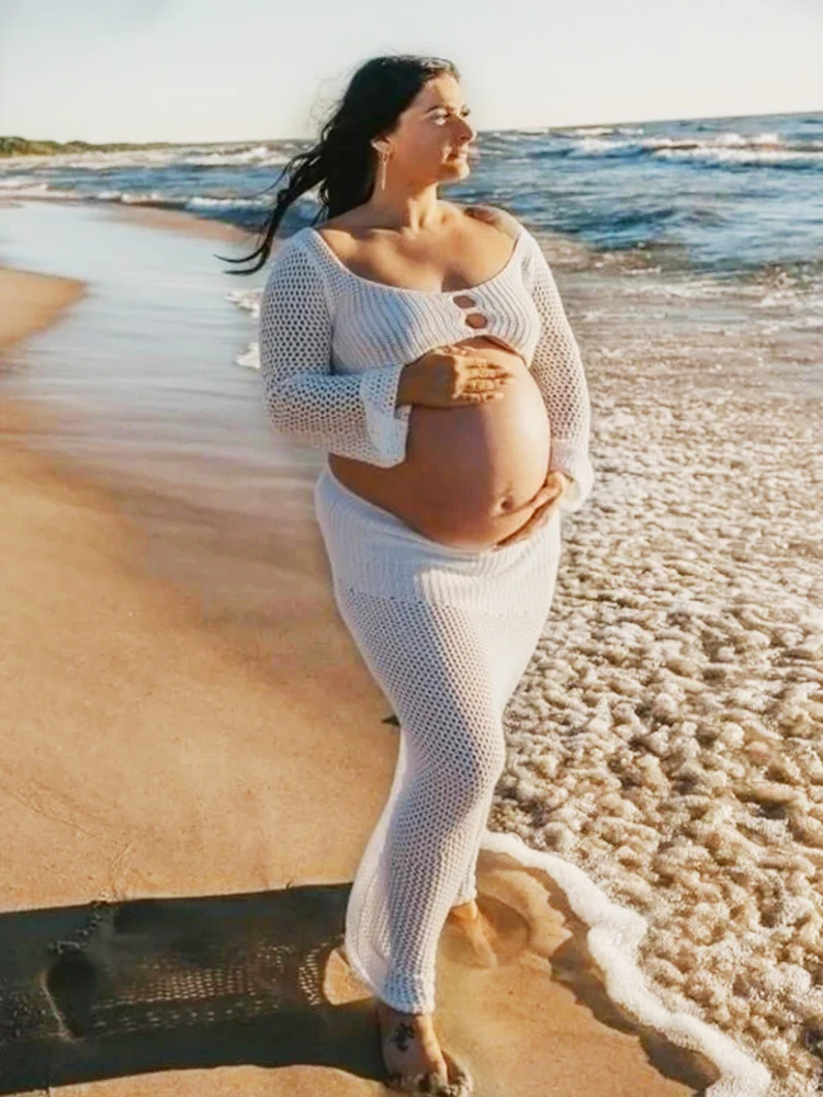 

White Knit Maternity Dress Photoshoot Hollow Out Pregnancy Outfit Two Piece Beach Maternity Photography Prop Baby Shower Gown