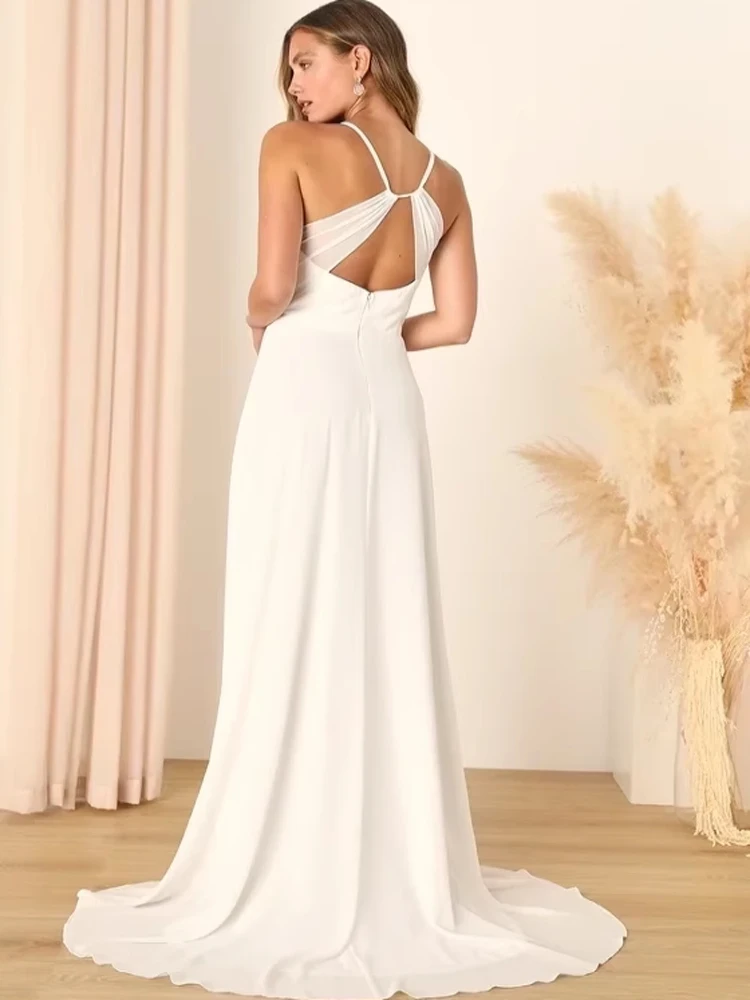 กระโปรงยาวทรงหรูหราสำหรับงานแต่งงาน ผ้าชีฟอง น้ำหนักเบา เหมาะสำหรับใส่ไปโบสถ์ มีซิป เอวสูง คอวี