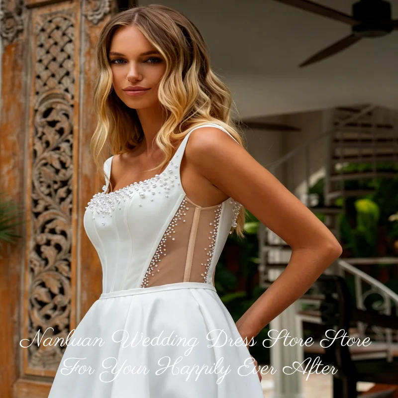 Minimal Luxury Satin Bridal Gown Square Neck Pearl Rhinestone Inset U Back Chapel Train Vestidos de Novia Customized