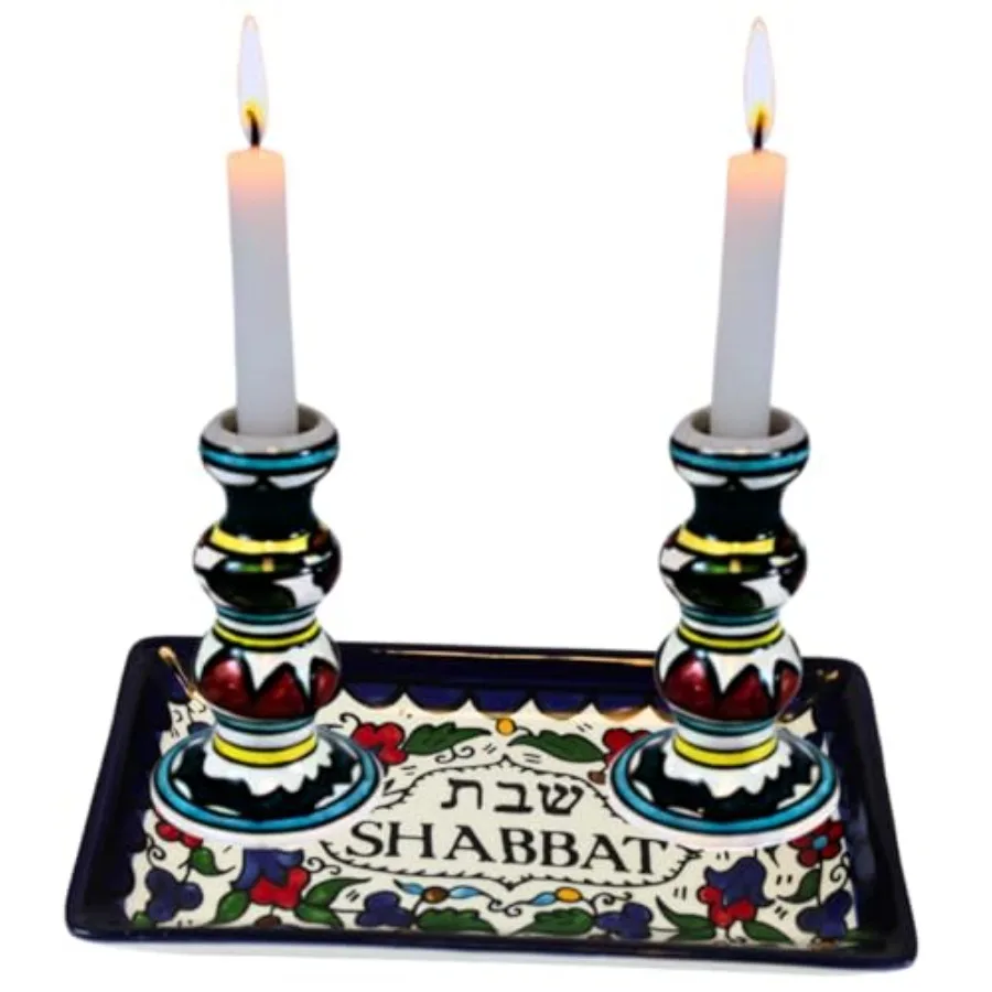 Shabbat Candlesticks Set - Colorful Ceramic Shabbat Candle Holders Set with Matching Plate for Holidays Colorful