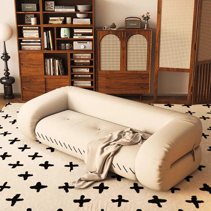 Dual-Purpose Sofa Bed Small Apartment New Internet Celebrity Living Room Floor Lazy Kayak Sofa Cat's Paw Leather Cream Style