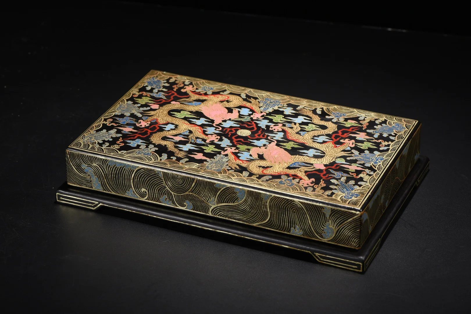 Old Wood lacquerware Outline in gold floral pattern Dragon pattern Wenfang Box Storage Box Reward Box Amass wealth Ornaments