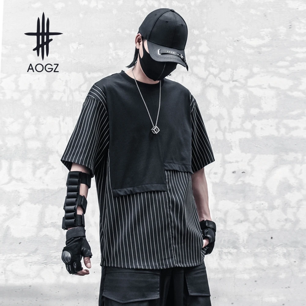 

AOGZ Summer Harajuku Striped Patchwork Fake two Short Sleeve Shirt Casual T Shirt Men Hip Hop Streetwear Techwear Tees Tops