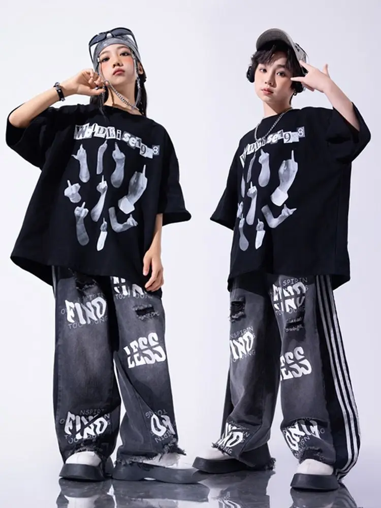 ملابس رقص هيب هوب مراهقة ، قمم فضفاضة لرقص الشوارع للأولاد ، سراويل بضائع سوداء ، زي أداء لموسيقى الجاز للفتيات