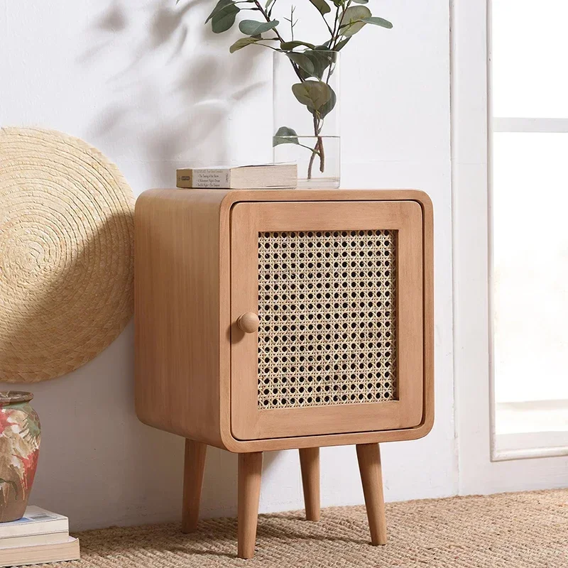 Home Furniture Minimalist Modern Bedside Table Natural Rattan Woven Night Desk Retro Bedroom Storage Cabinet Practical Stand