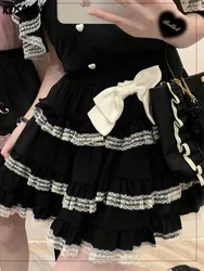 Japanese Kawaii Mini Cake Skirt Womens Black Casual Elegant Lolita Sexy  High Waist Lace Y2k Aesthetic Sweet Gothic Faldas