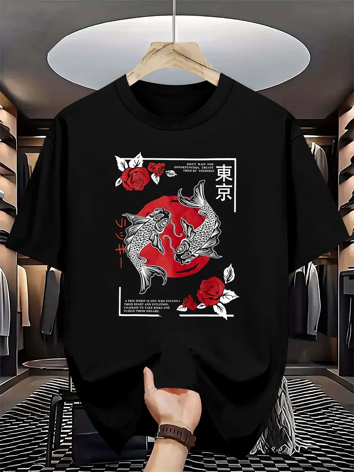 Japanese Koi Fish T-Shirt Men Women Tokyo Red Sun Rose Graphic Tee Summer Short Sleeve Harajuku Streetwear Casual Unisex Tops