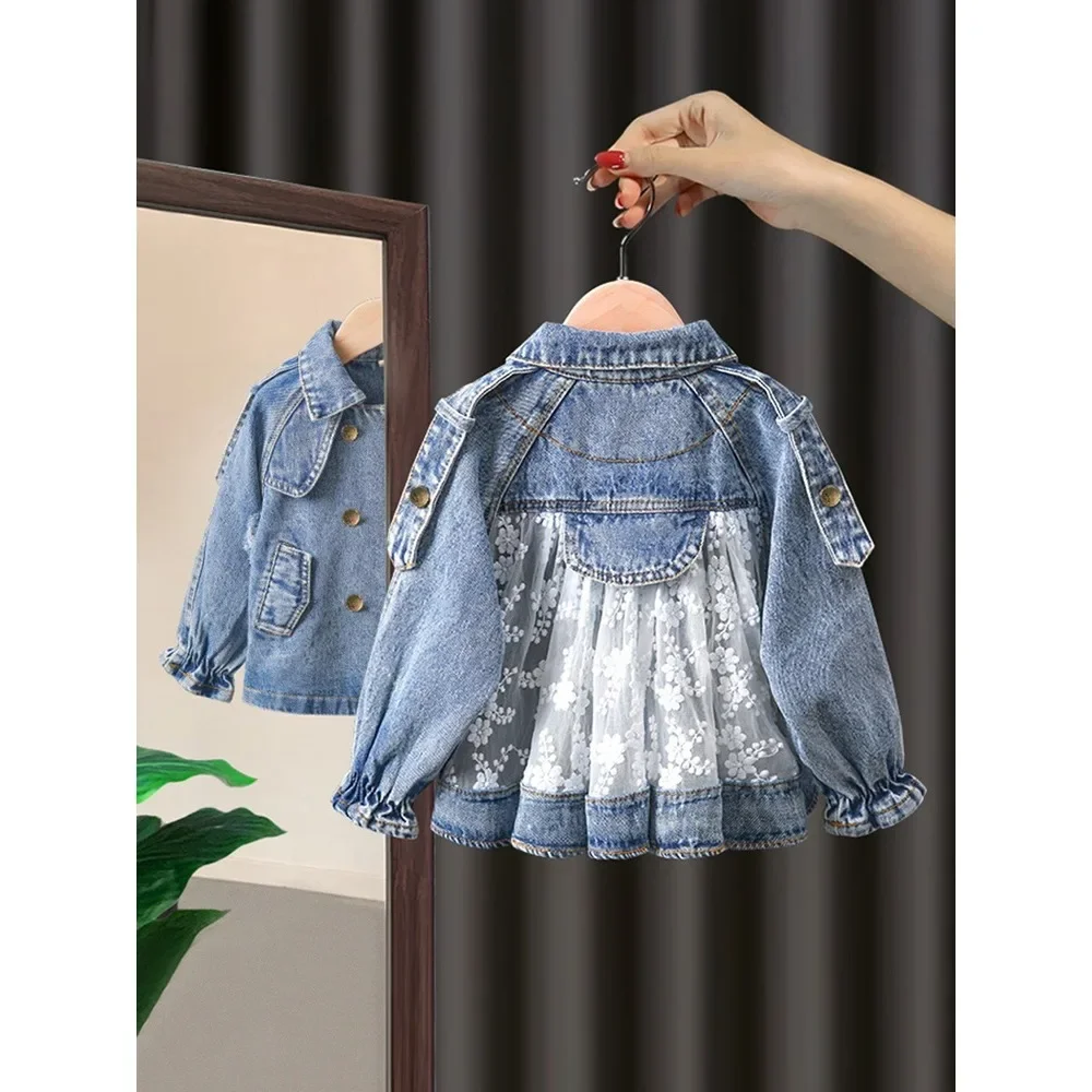 2024 New Girls Denim Jacket Spring and Autumn Clothes Children\'s Fashionable Korean Style Baby Girl Embroidered Lace Top