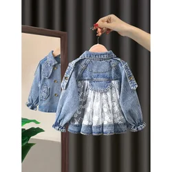 2024 New Girls Denim Jacket Spring and Autumn Clothes Children's Fashionable Korean Style Baby Girl Embroidered Lace Top