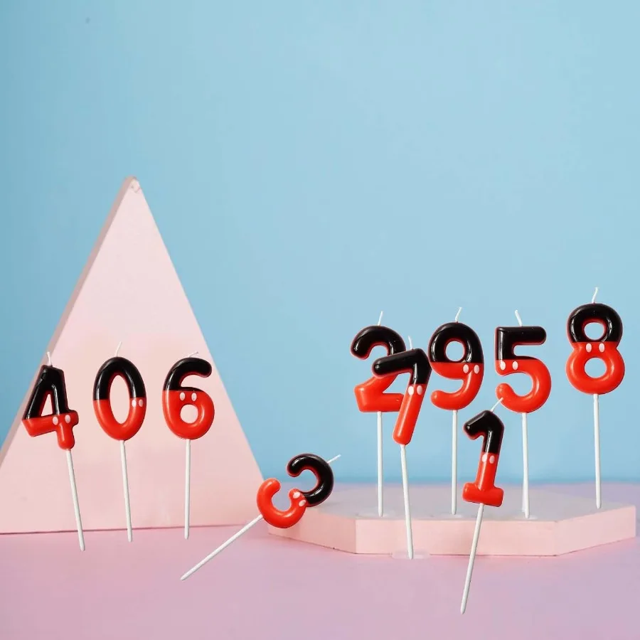 เทียนวันเกิดตัวเลขสีดำแดง จุดสีขาว ตกแต่งเค้กคัพเค้ก สำหรับเด็กชายเด็กหญิง งานเลี้ยงวันเกิดธีมการ์ตูนแสนสนุก