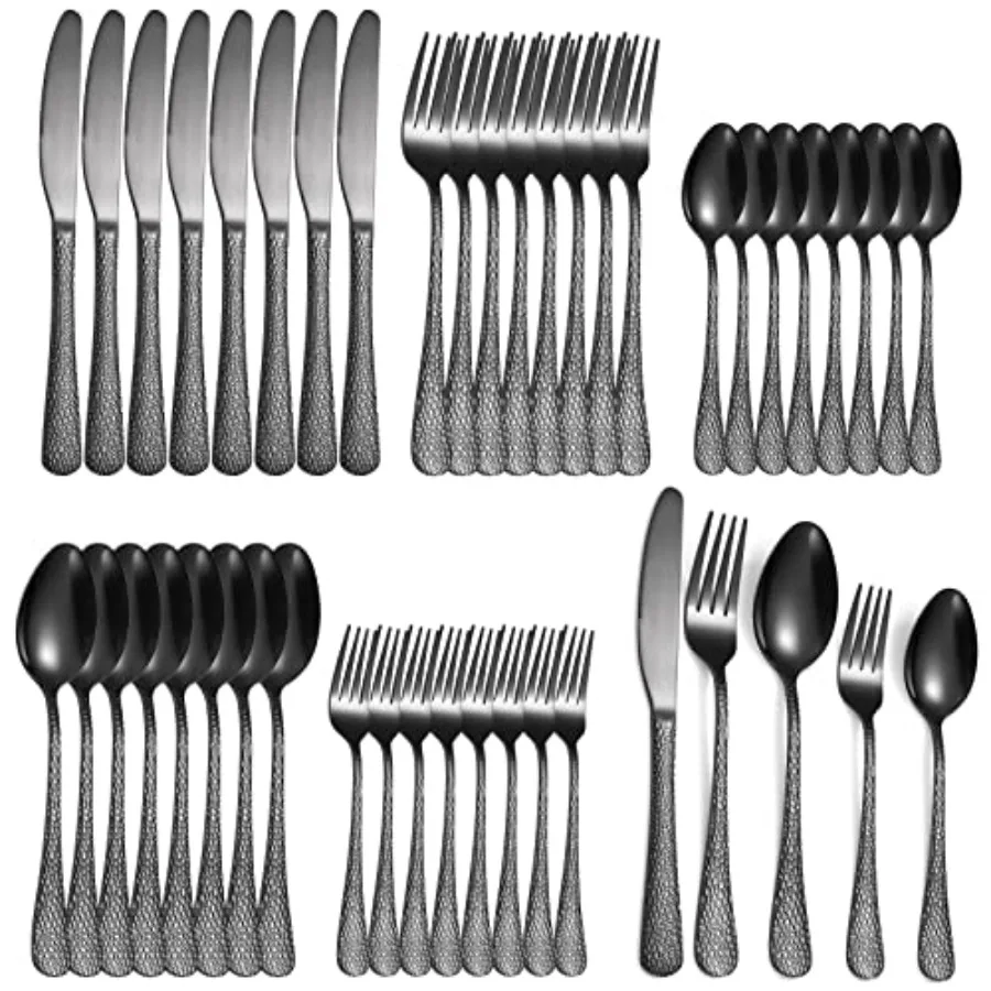 

Black Hammered Silverware Set 8 Stainless Steel Flatware Vintage 40 piece include Knife Fork Spoon Proper Wght for Parties Rest