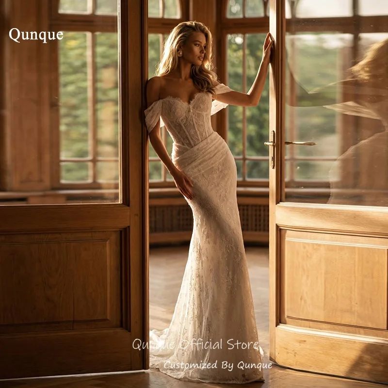 Qunque Romantic Lace Wedding Dress Ruched Draped Waist Evening Dresses Mermaid Off Shoulder Vestido De Novia Boda Customized