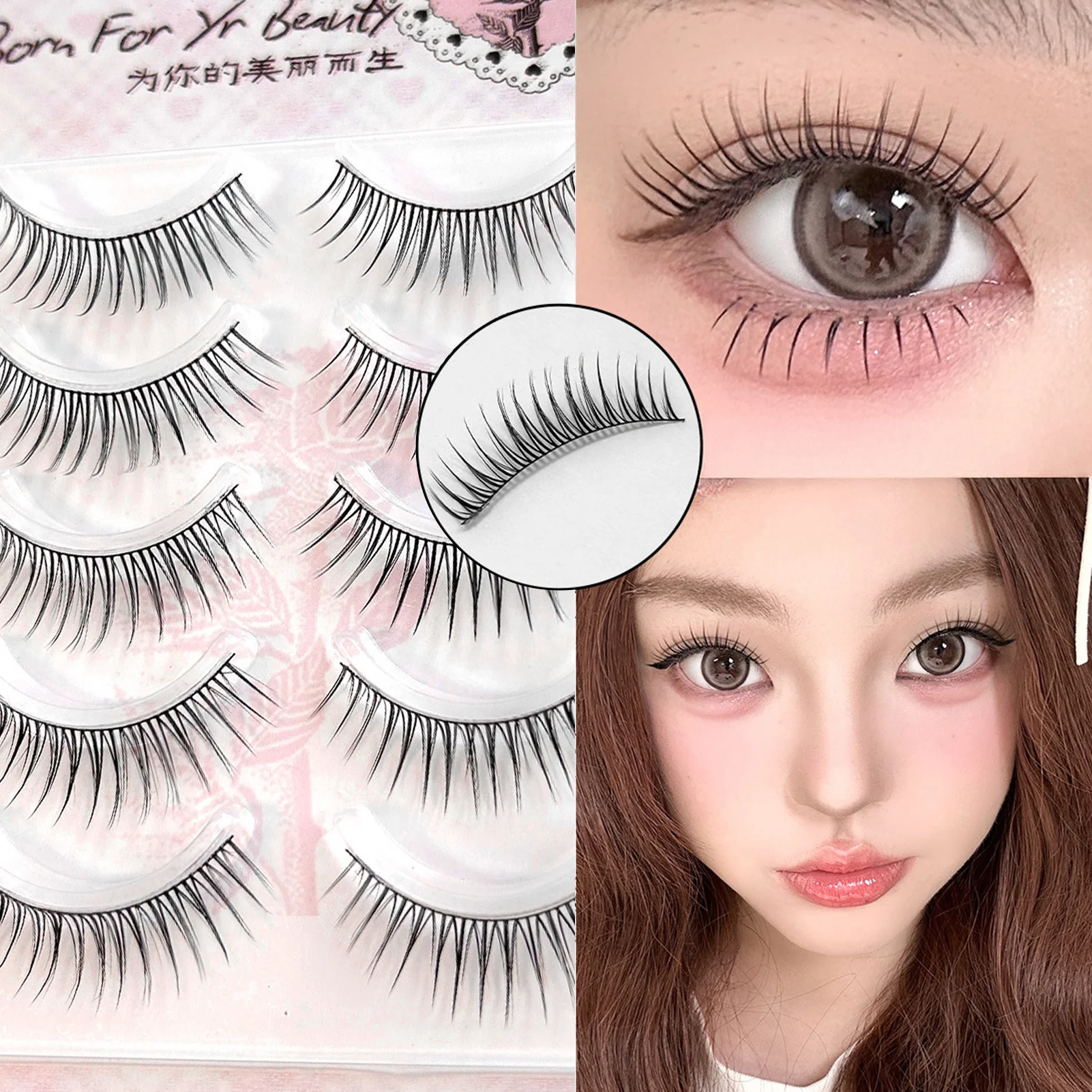 5 pares de cílios postiços estilo coreano, volume natural, faixa preta fina, 7-13mm, comprimento misto, curva c, cílios fofos