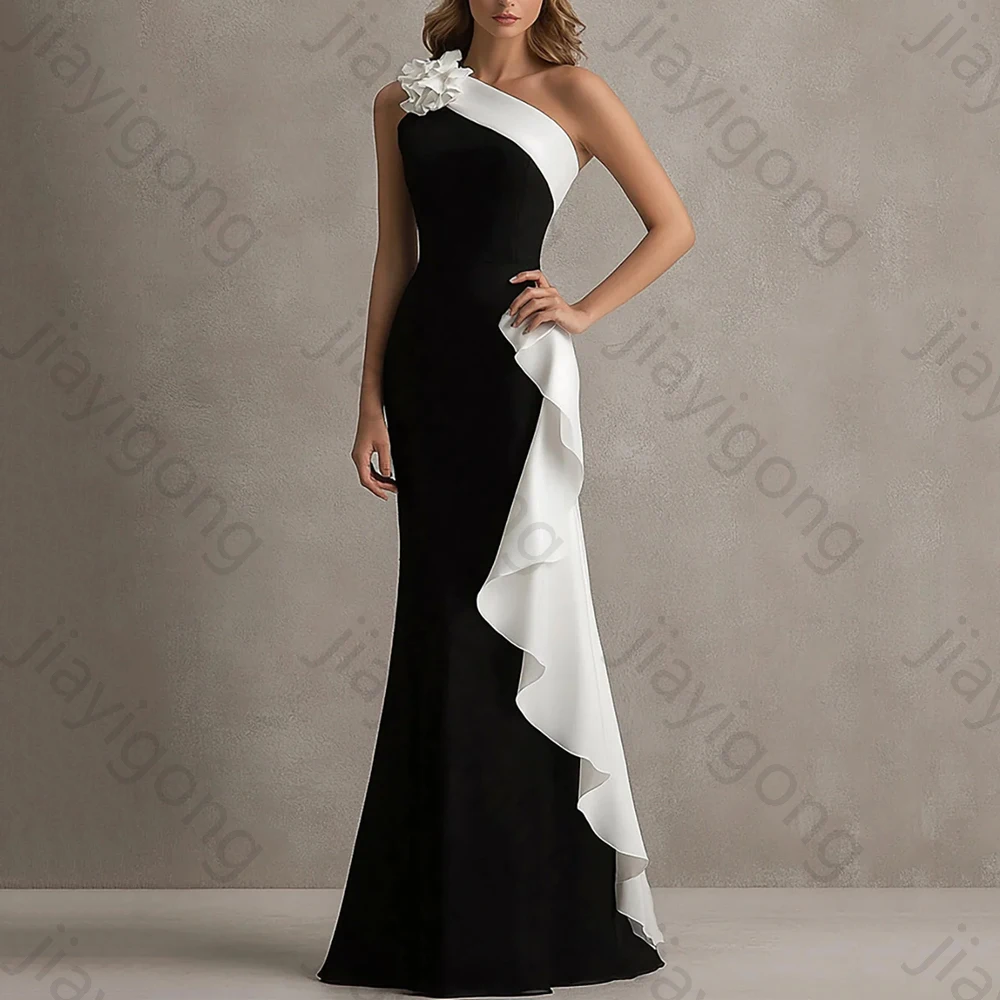 

One Shoulder Sheath Black Evening Dresses 3D Flowers Sleeveless Long Dress Exquisite High Quality Prom Party Gowns Customized