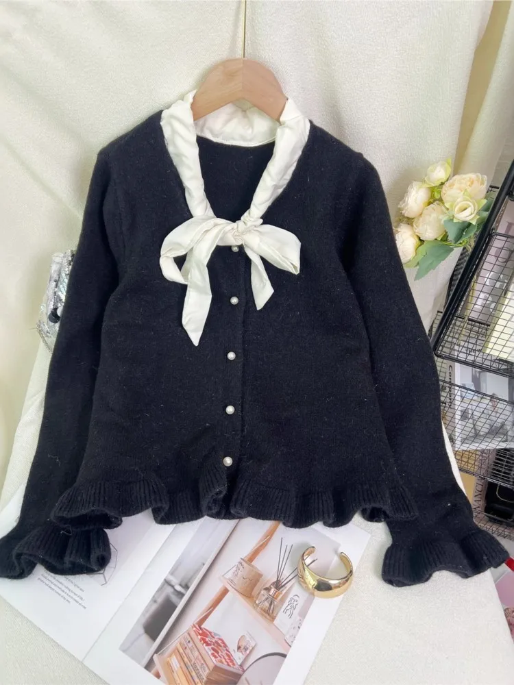 Delikatny sweter rozpinany z dzianiny, wiązany na kokardę, retro, damski, jesienno-zimowy, jednolity kolor, długi rękaw, okrągły dekolt, uniwersalne topy.