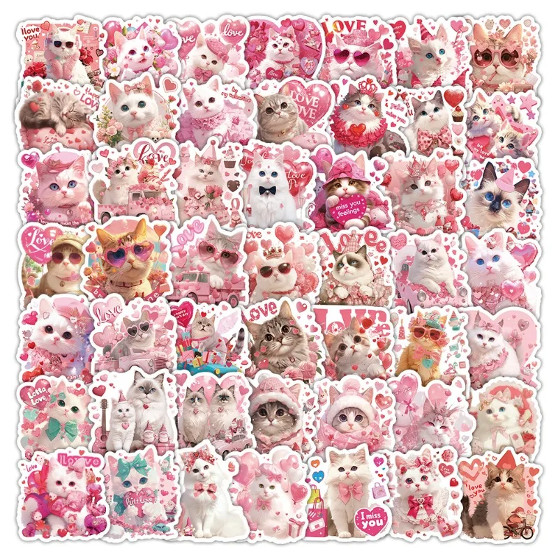 50PCS Day Pink Cute Cat Stickers Love Holiday Blessing Graffiti Decals for DIY Journaling Scrapbooking Kawaii Kitten Supplies