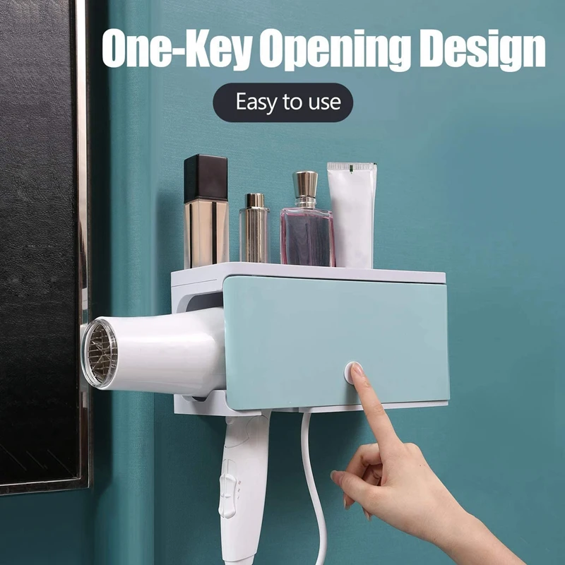 Wall Mount Hair Dryer Holder, Adhesive Hair Styling Product Care Tool Organizer Bath Supplies Accessories Tray