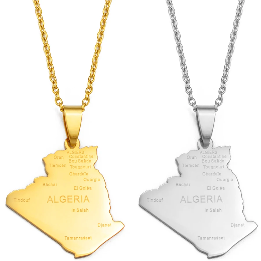 Anniyo Algeria Map City Name Necklace Pendant Jewelry Map of Algerian Chain Necklaces @269821