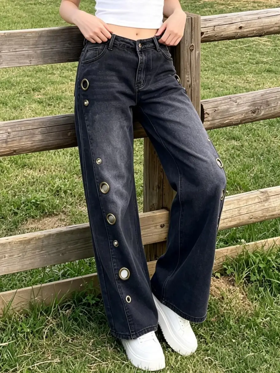 【HME】Jeans | Women Vertical Metal Eyelet Decor Denim Pants, Mid-High Waist Wide Straight Denim Jeans, Scattered Bronze Grommet Design, Two-Tone Vintage Distressed Wash, Draped Leg Slimming, American Workwear Style, Versatile Casual Pants
