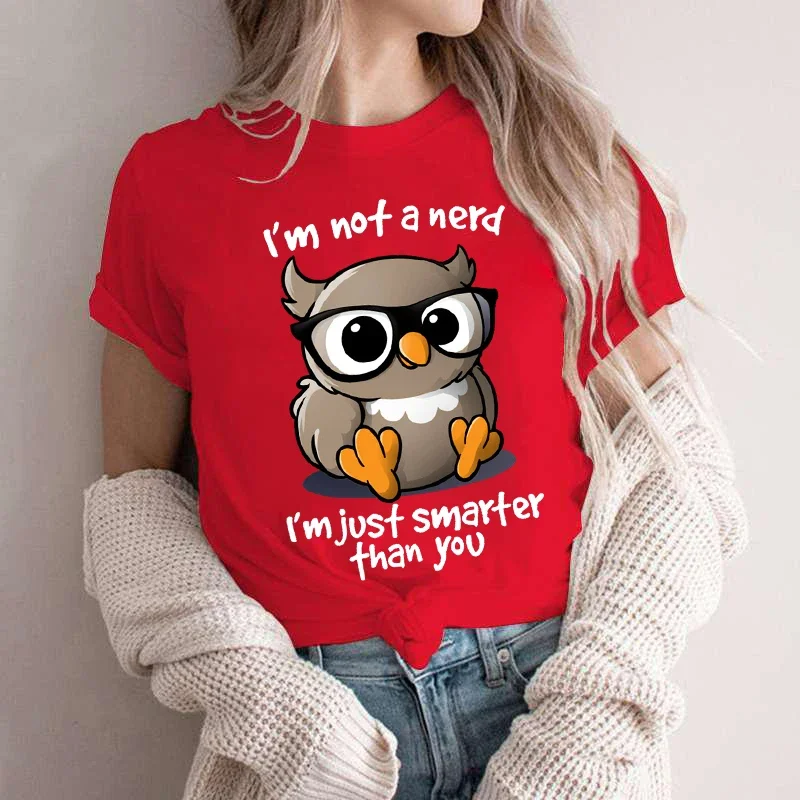 Kawaii Owl Print T Shirts for Women Clothes I\'m Not A Nerd I\'m Just Smarfer Than You Funny T-shirts Graphic Female Y2K Tops Tees