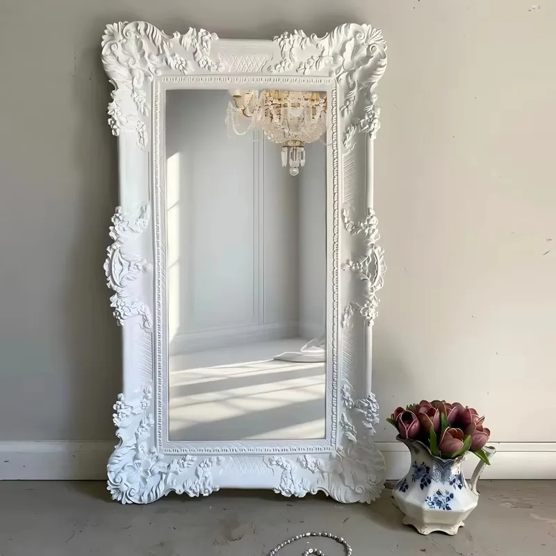 Carved Household Fitting Mirror European White French Living Room Mirror Bedroom Full Body Espejos Decorativos Room Decoration