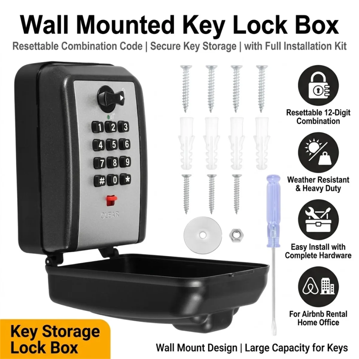 Large Key Lock Box Wall Mounted Push Button Combination Lock Aluminum Alloy Waterproof Security Safe Case for House Realtor Car