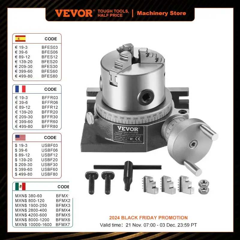 VEVOR Precision Milling Rotary Table 4''/ 100 mm, Horizontal Vertical Model with 3-Jaw Chuck Indexing Tools for Milling Machines