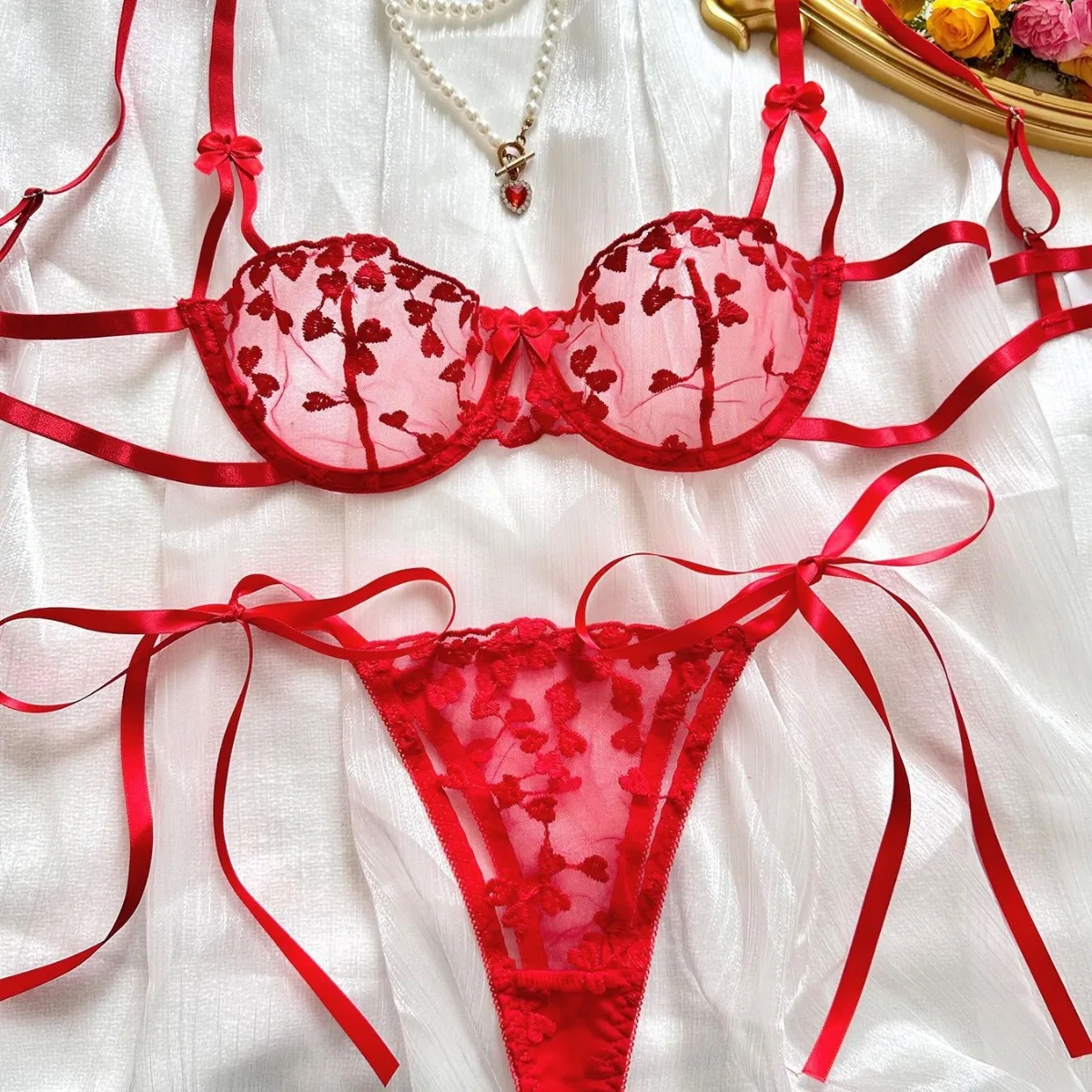 Lingerie sexy para mulheres em forma de coração bordado fada conjuntos exóticos sensuais fantasia renda bilizna onlyfans outfits