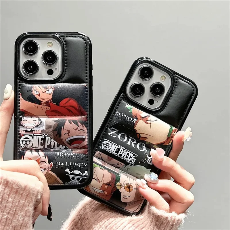 

Cute Cartoon O-One P-Piece Luffy Zoro Luxury Down Jackets Anti-Fall Phone Case For iphone 11 12 13 14 15 16 Pro Max Plus Cover