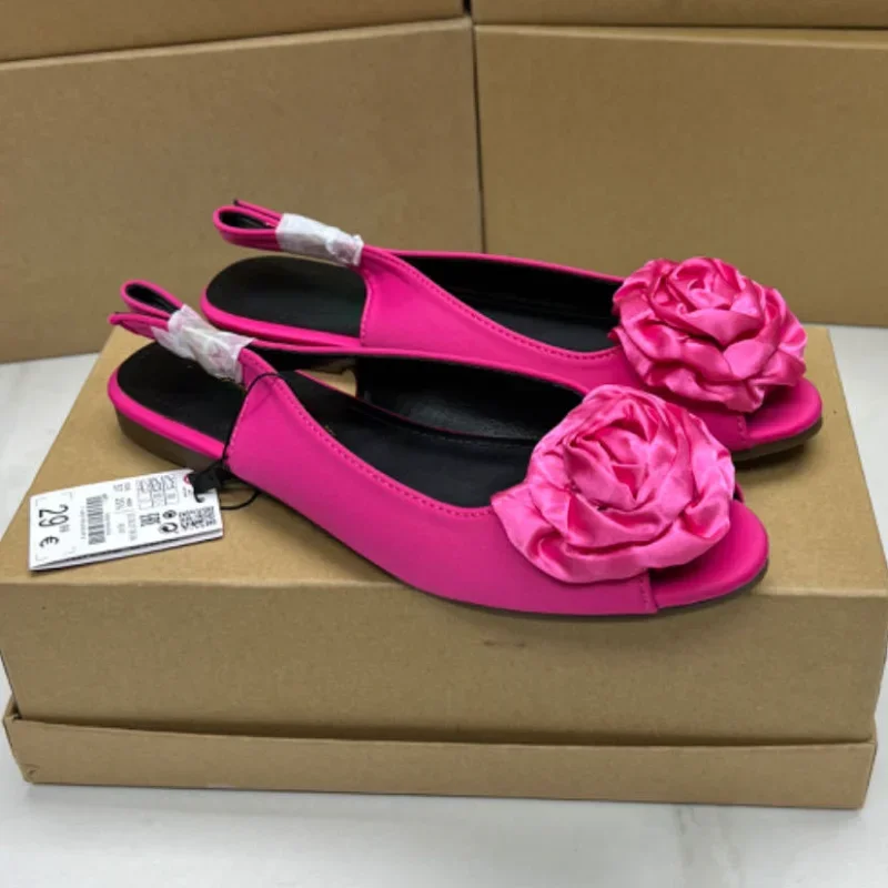 Ladies Shoes on Offer Retro Rose Decoration Peep Toe Female Slingbacks Casual Large Size Footwear Women's Mules Flats