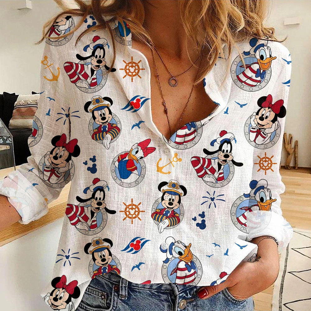 Camisa informal con botones para mujer de Disney, diseño vintage de Mickey, Minnie, Pluto, Goofy, Donald, Daisy, Cruise Time Line Destiny Summer
