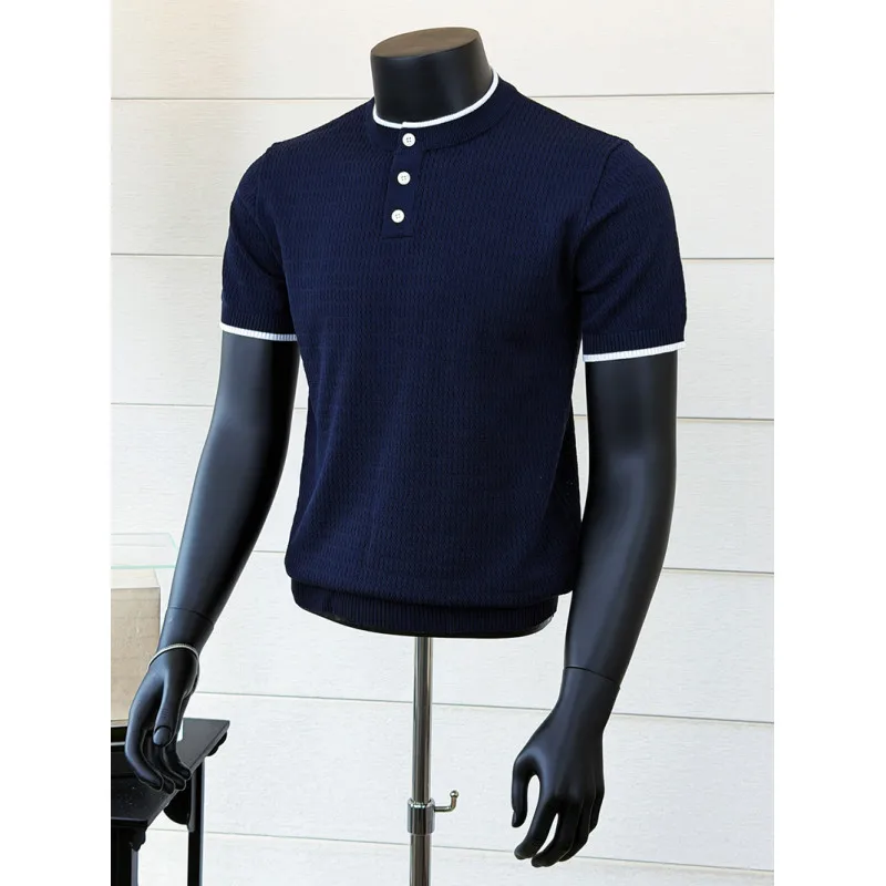 Summer Knitted Short Sleeve Round Neck T-shirt for Men Hollow Out Casual T-shirt Slim Fit Business Social Tshirts Men Clothing