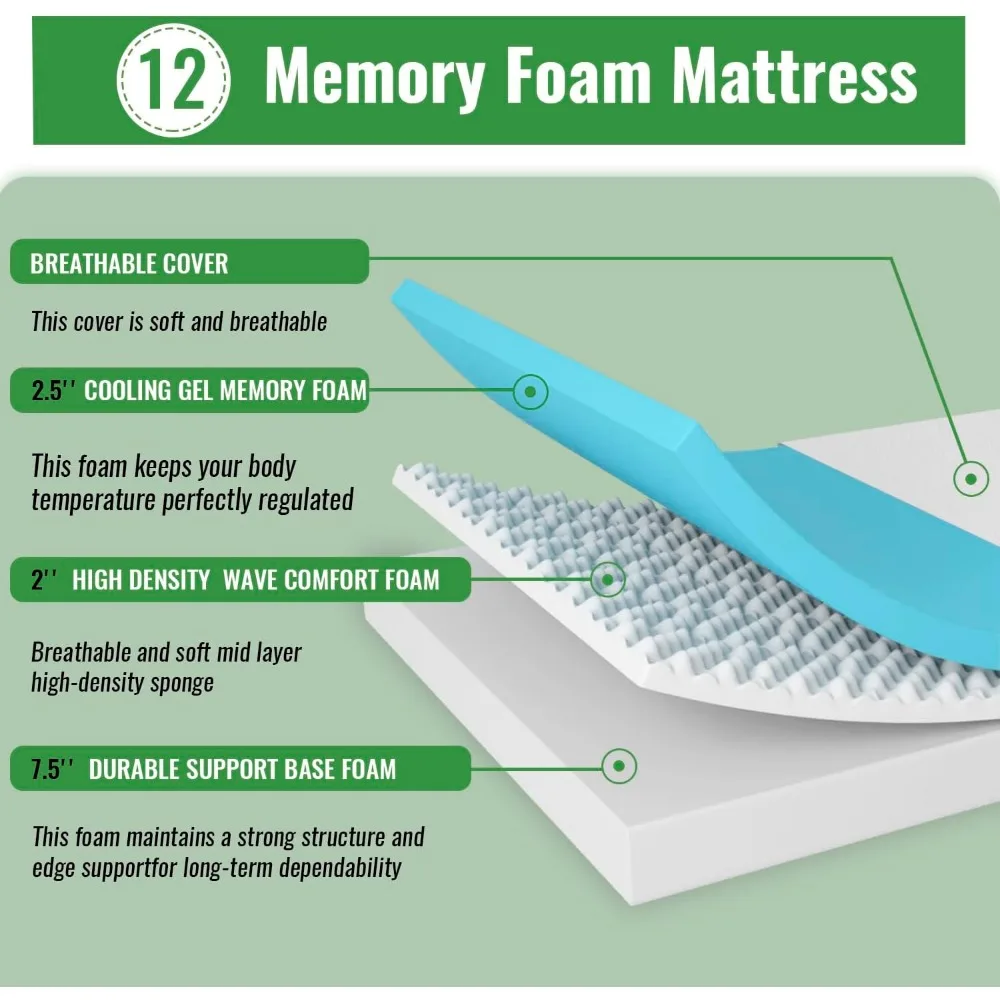 Full Size Matratze 12 Zoll Gel Memory Foam Matratze mit atmungsaktivem und wasch barem, weichem Stoff bezug mit Reiß verschluss, unterstützend