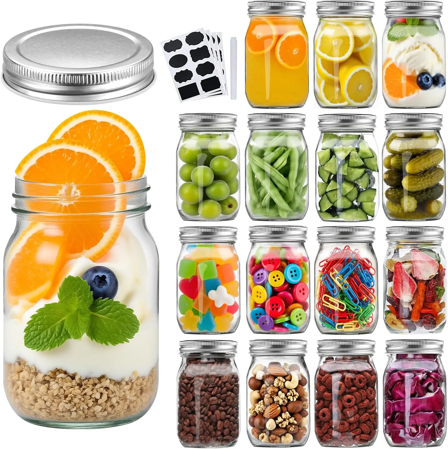 

16Pack 16oz Glass Jars with Regular Airtight Lids, Clear Glass Jars Ideal for Canning, Pickling, Meal Prep, Jam, Honey, DI
