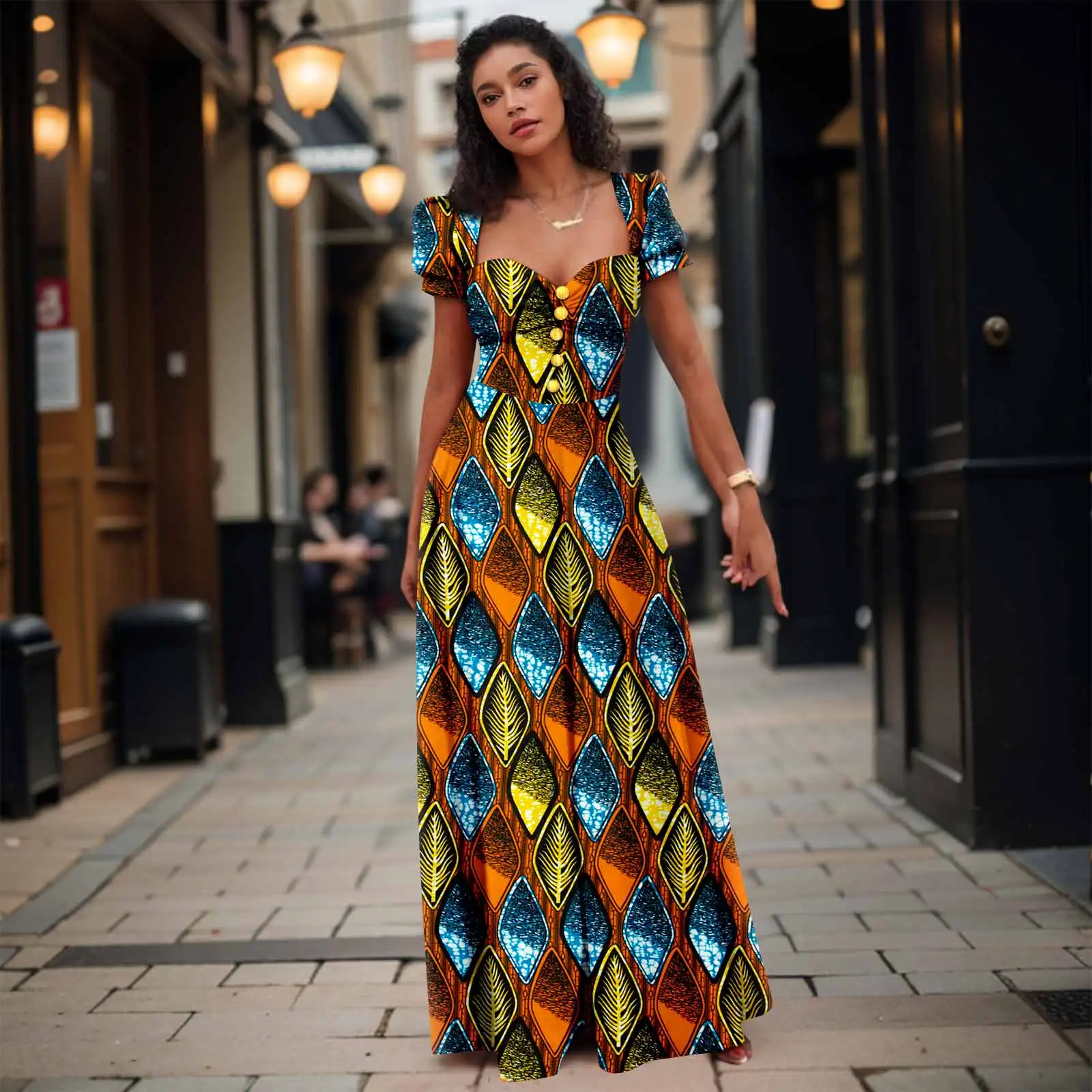 

African Ankara Print Women's Dress Short Sleeve Patchwork Square Neck Bubble Sleeve Gold Wrap Button Embellished Dresses 2425187