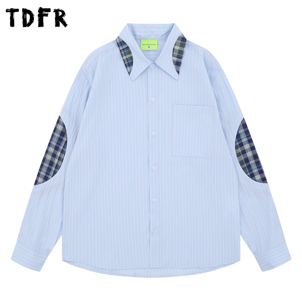 

Patchwork Striped Long Sleeve Shirts Mens Pocket Autumn Retro Casual Loose Lapel Single Breasted Shirts Man