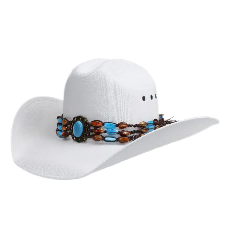 Retro Turquoise Beads Knitted Band Unisex Men Women Hard Yellowstone Beach American Western Cowboy Sun Hat Wide Brim 57-61cm